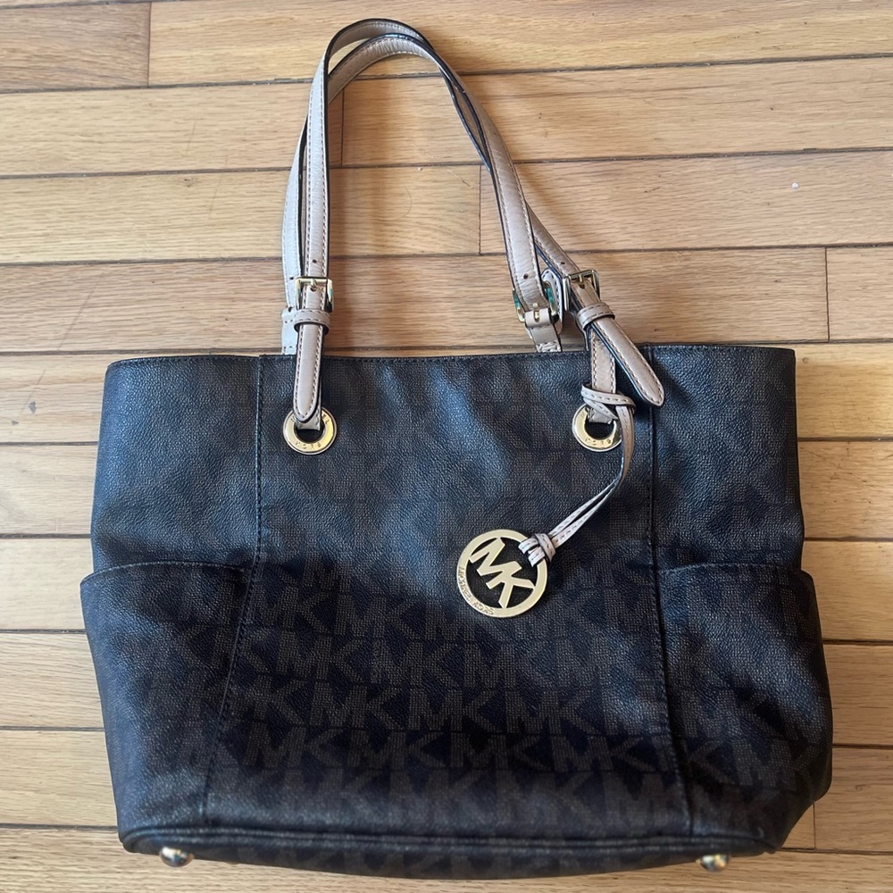 Michael Kors Black Logo Tote with Tan Handles and Gold Charm